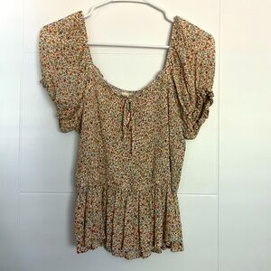 Hem & Thread Brown Tan Flutter Sleeve Blouse with Smocked Tie Front